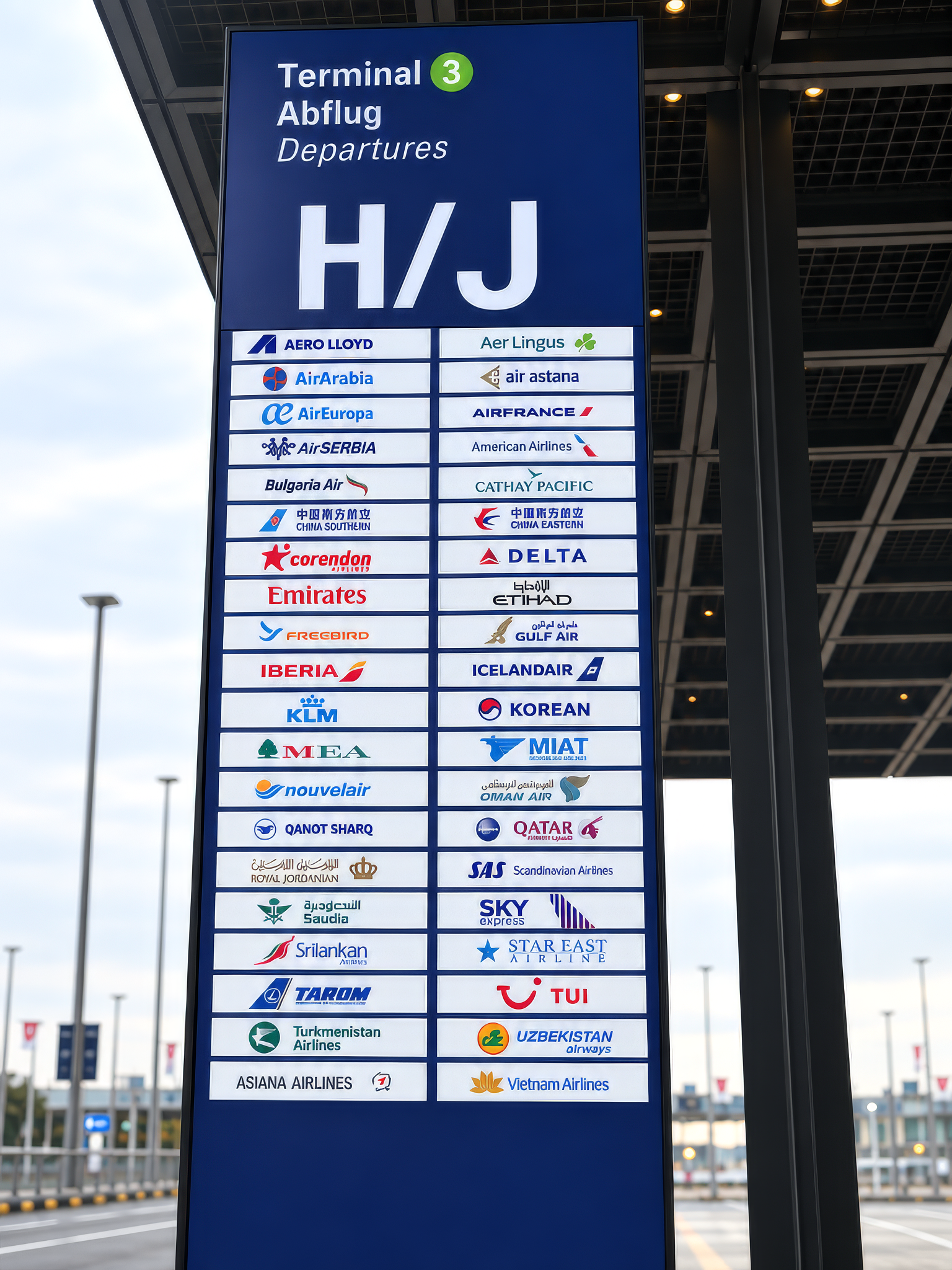 Departures board Terminal 3, Pier H/J — Aero Lloyd Virtual among international airlines
